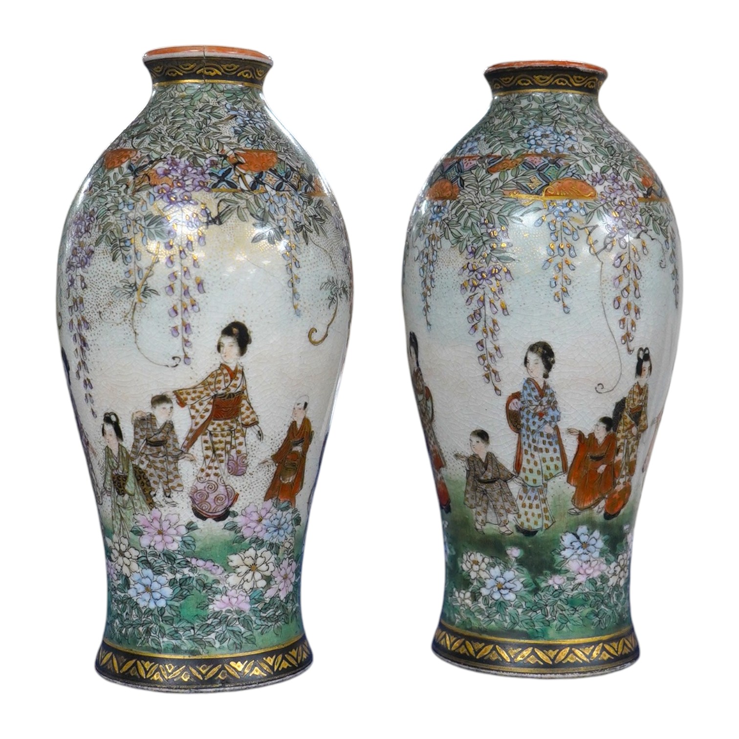 A pair of small Japanese Satsuma vases, Meiji period, 12cm high. Condition - fair, one with rim crack